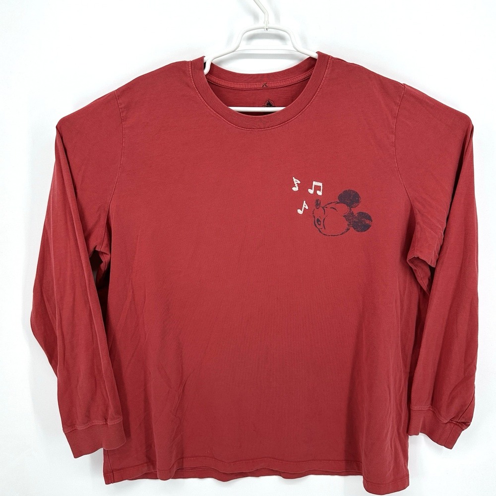 Disney Mens Size 2XL Embroidered Notes Mickey Mouse Long Sleeve Sweater Red
